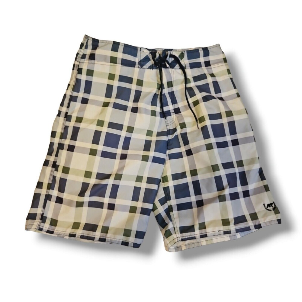 EZEKIEL Board Shorts White Blue Green Plaid Swim Trunks Mens Size 34